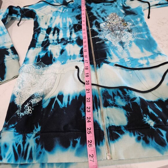 Sledge Vintage Hoodie Medium Zip Tie-Dye Rhinestone Blue Y2K Grunge Long Pockets - Picture 10 of 11